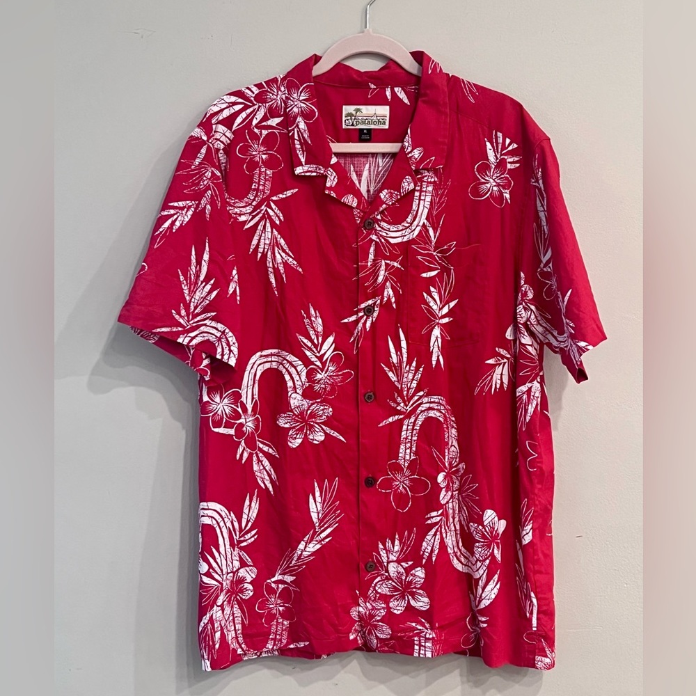 Patagonia “Pataloha” Red Surfer Palm Tree Aloha Hawaiian Camp Shirt Sz XL